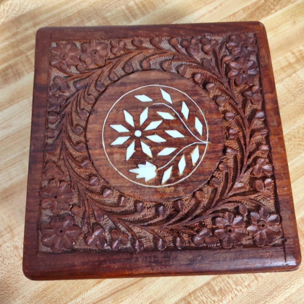 1970's Hand Carved Floral Inlay Lined Wooden Jewelry Box India Stash Trinket Box